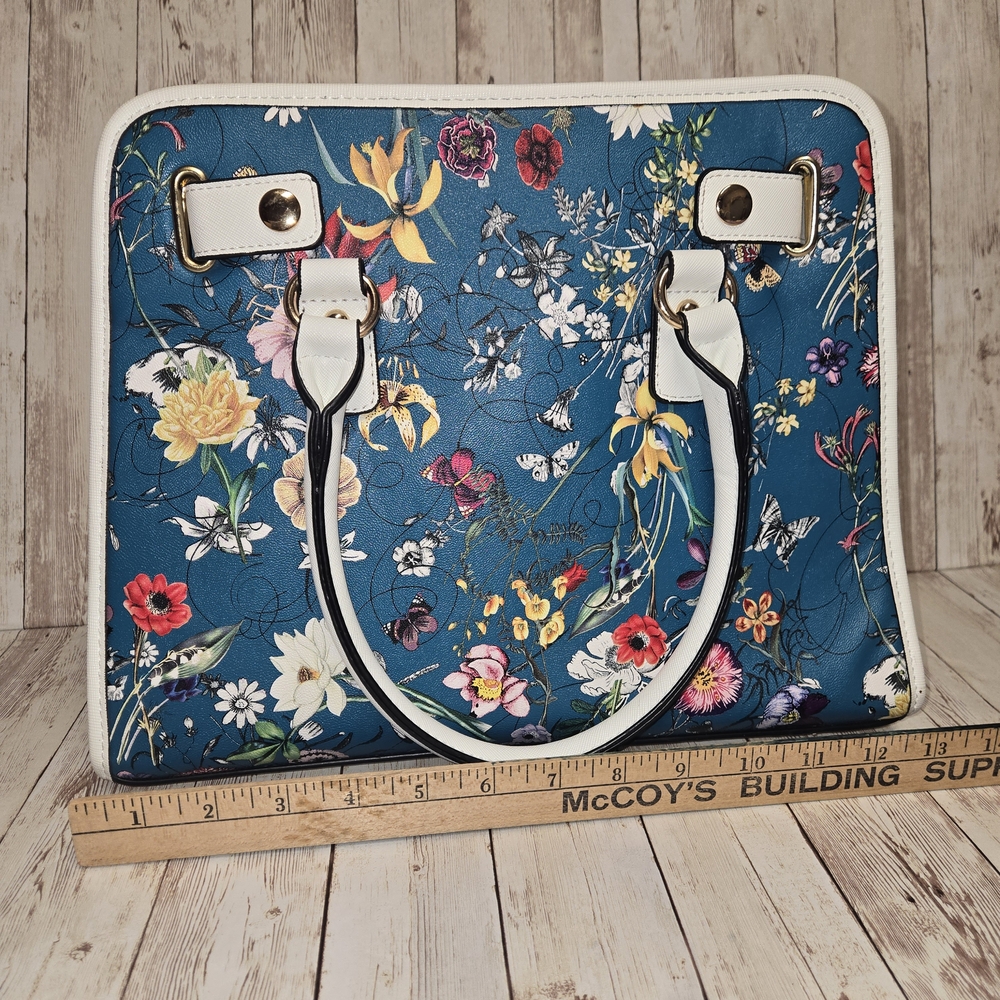 Dasein Floral Satchel Crossbody Bag Blue White Gold Hardware - Picture 6 of 14